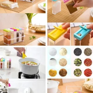 Set Of 6 Spice Jars Dispenser Masala Rack Easy Flow Storage Crystal Seasoning Box Multicolour